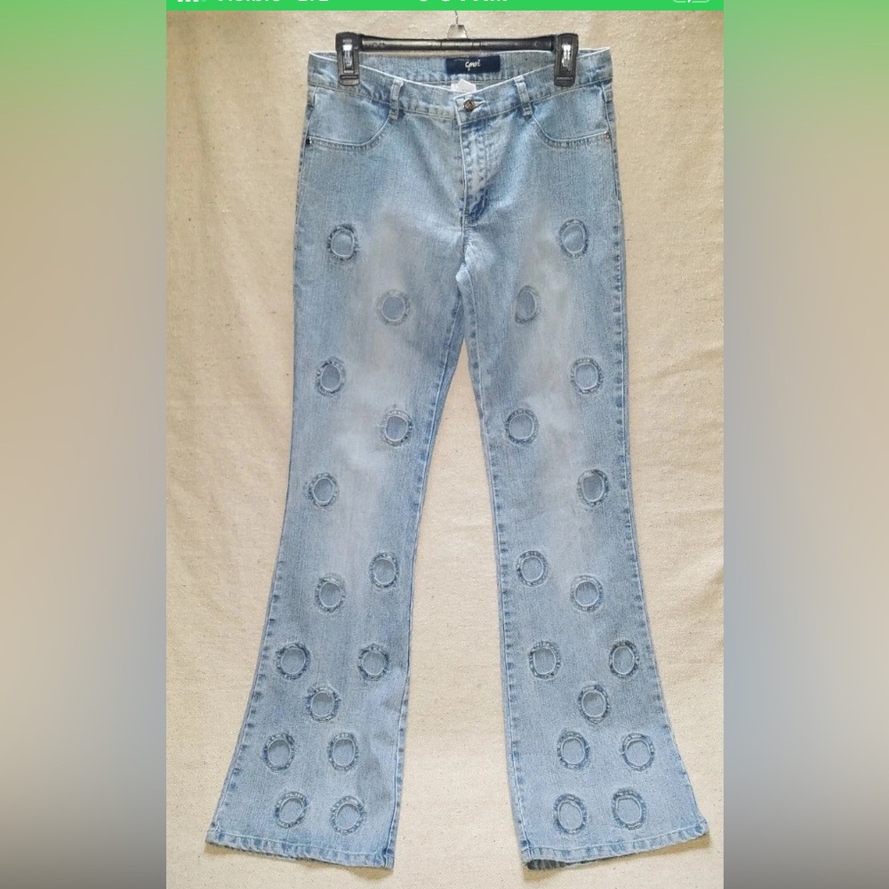 Vintage Y2K YAGI Cut Outs Holes Women’s Denim Jeans Distressed Flare Bell 32x34